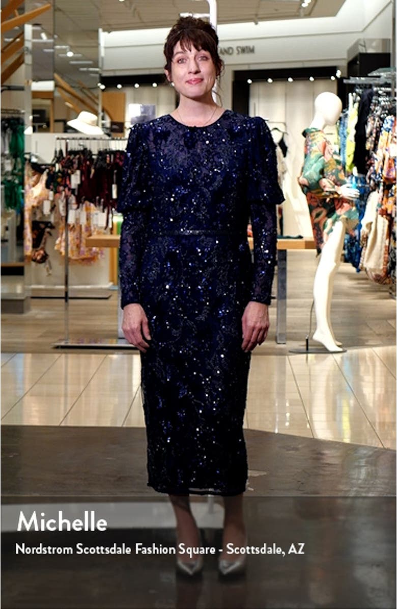 Beaded Floral Long Sleeve Sheath Cocktail Dress, sales video thumbnail