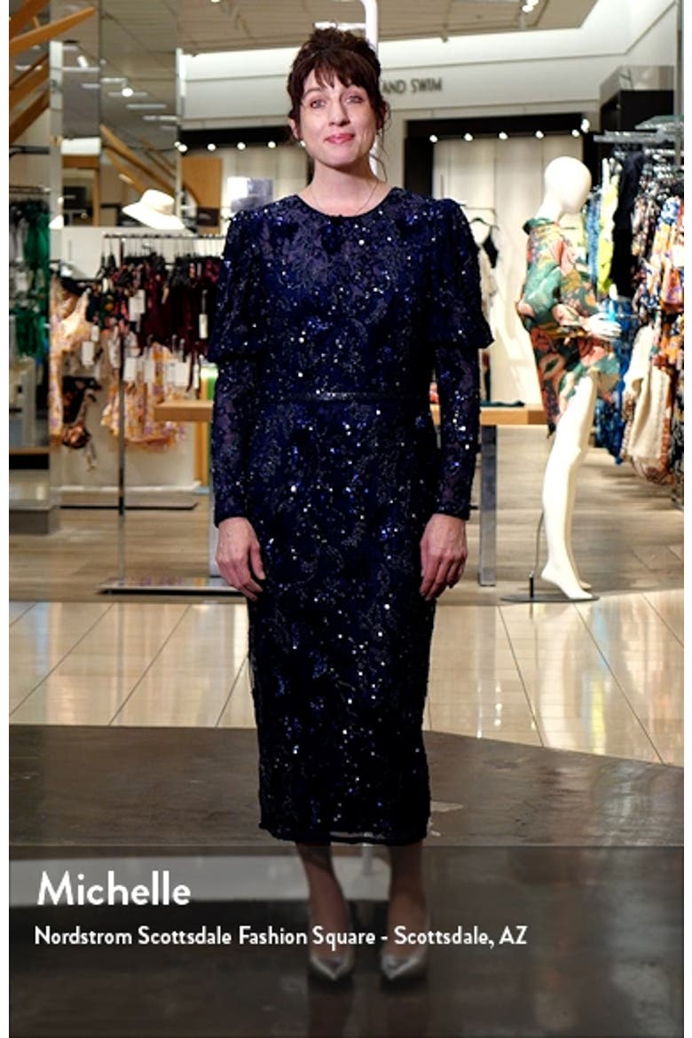 Beaded Floral Long Sleeve Sheath Cocktail Dress video