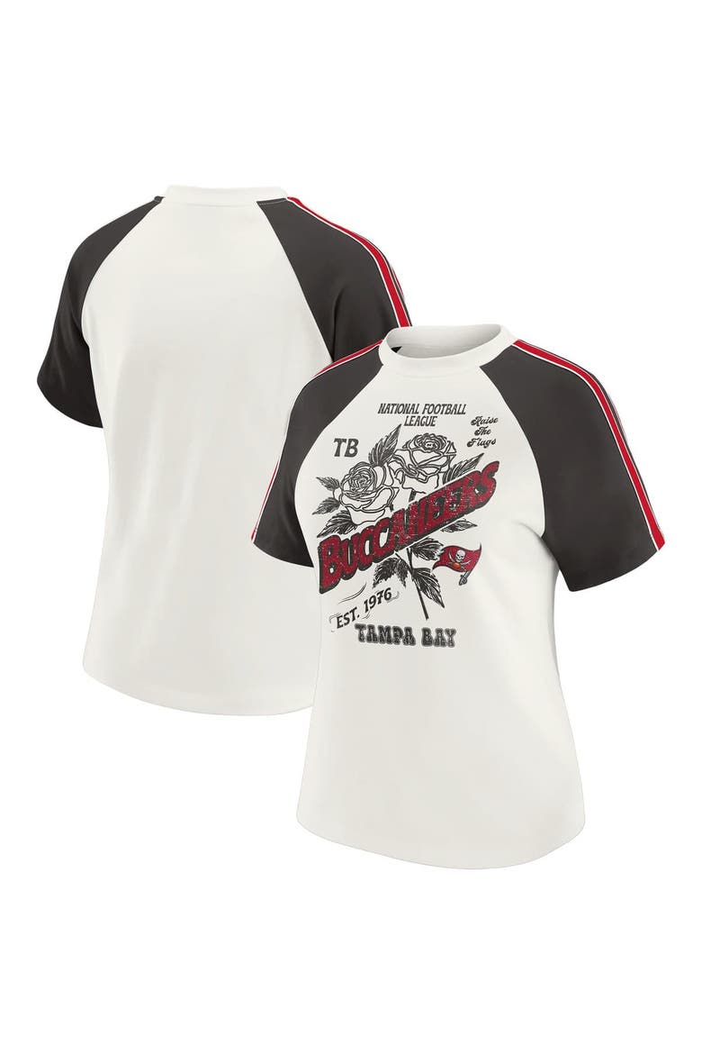 Women's WEAR by Erin Andrews White Tampa Bay Buccaneers Sleeve Stripe Distressed Raglan T-Shirt, Main, color, White