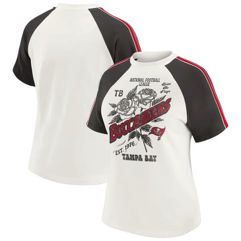 Women's WEAR by Erin Andrews White Tampa Bay Buccaneers Sleeve Stripe Distressed Raglan T-Shirt