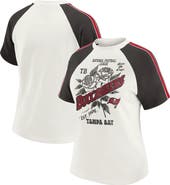 WEAR by Erin Andrews Women's WEAR by Erin Andrews White Tampa Bay Buccaneers Sleeve Stripe Distressed Raglan T-Shirt
