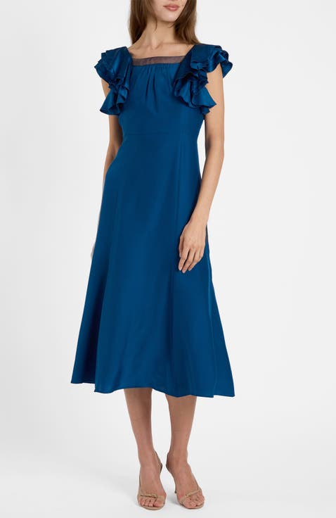 Yeda Fit and Flare Midi Dress in Silk Crepe de Chine