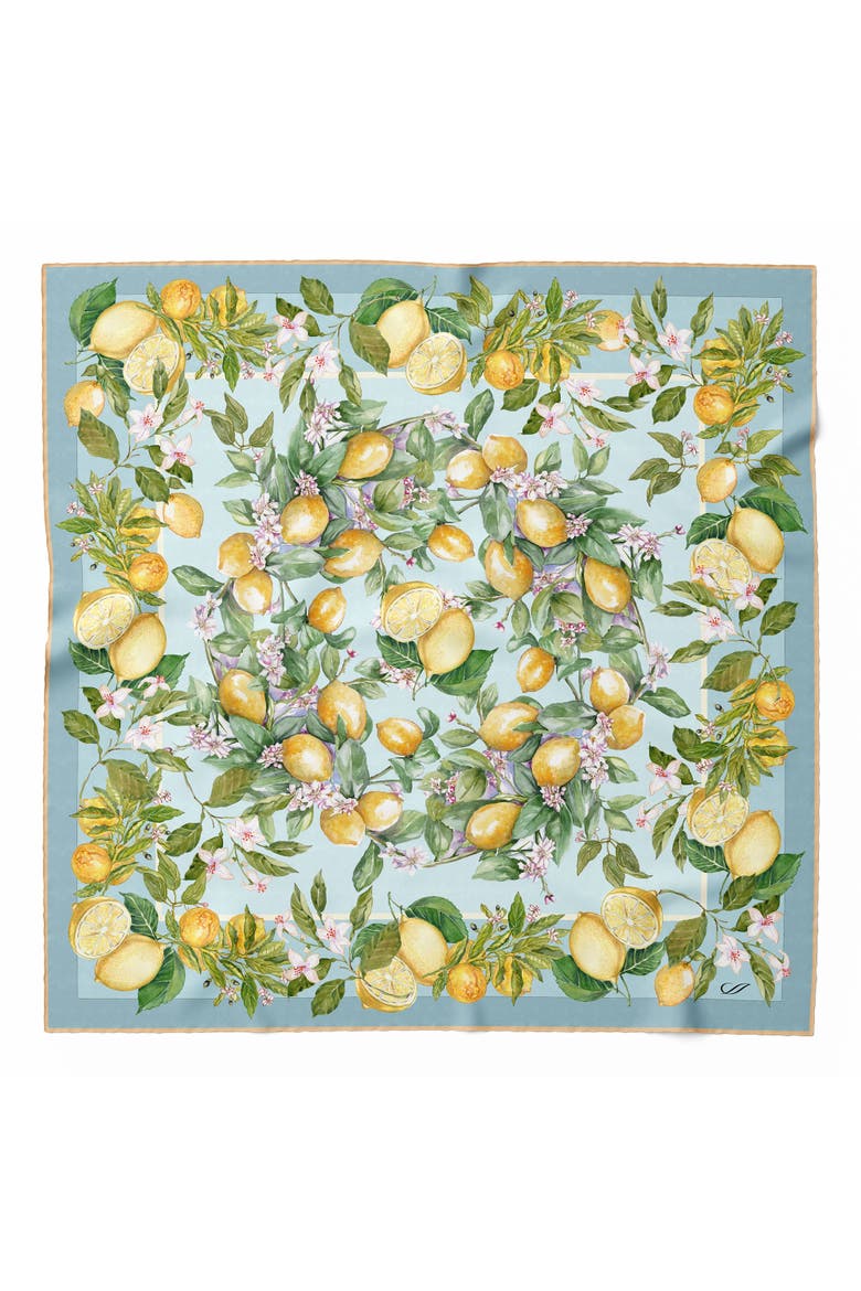 Limoni Fioriti - Silk Foulard for Women, Main, color, Sky Blue