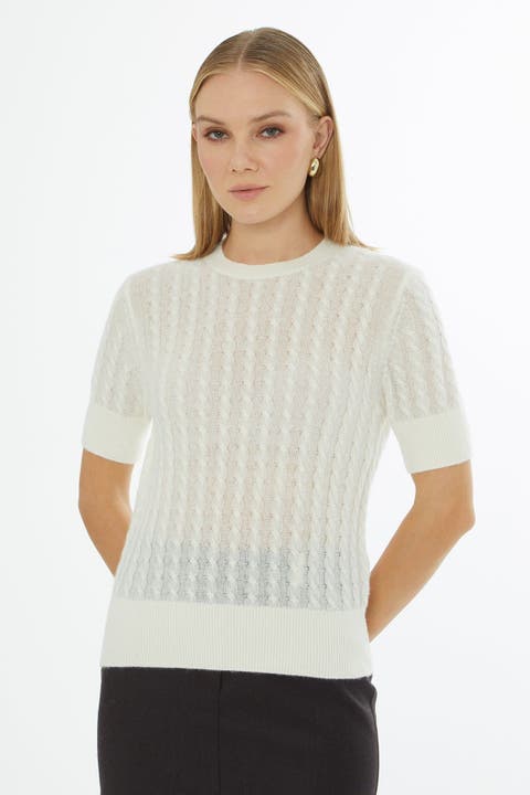 Crew Neck Short Sleeve Sweater Ecru