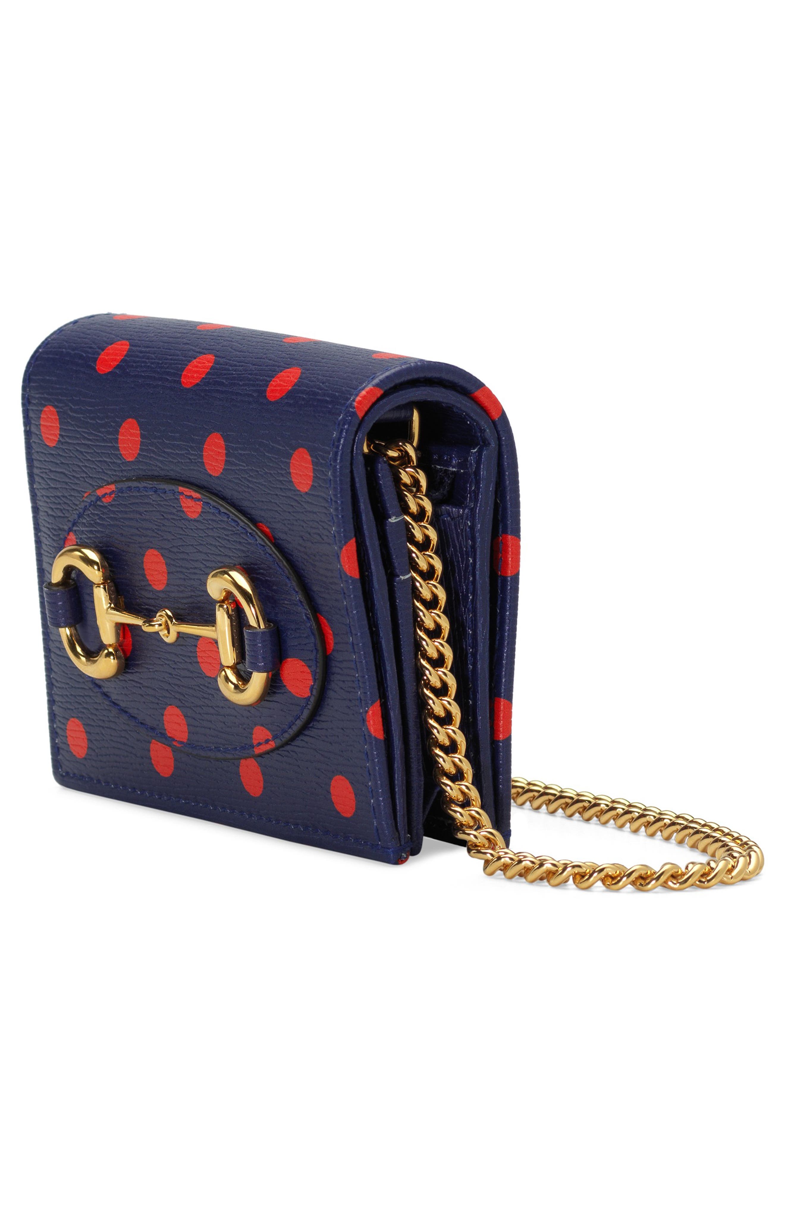 Gucci 1955 Horsebit Polka Dot Leather Wallet on a Chain, Alternate, color, 