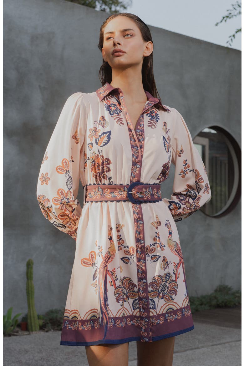 Khyrie Print Belted Long Sleeve Shirtdress, Alternate, color, TAUPE MULTI