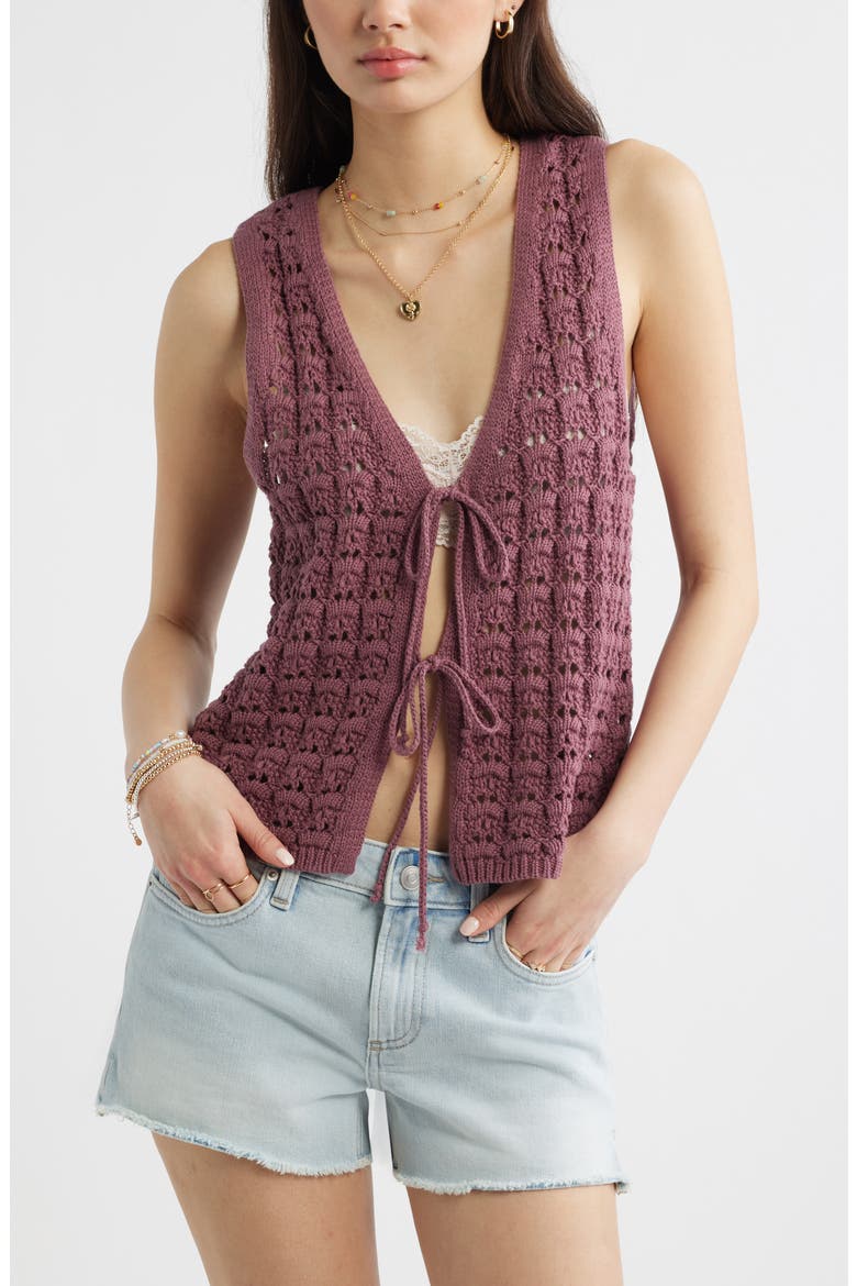 Tie Front Cotton Sweater Vest, Main, color, BURGUNDY SHADE