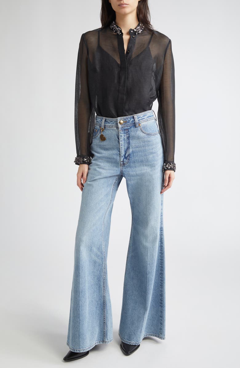 Zimmermann Hypnotic Crystal Embellished Sheer Linen & Silk Button-Up Shirt, Alternate, color, Black