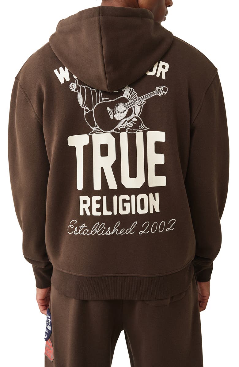 True Religion Patch Logo Vintage Wash Zip Hoodie, Alternate, color, Dark Brown