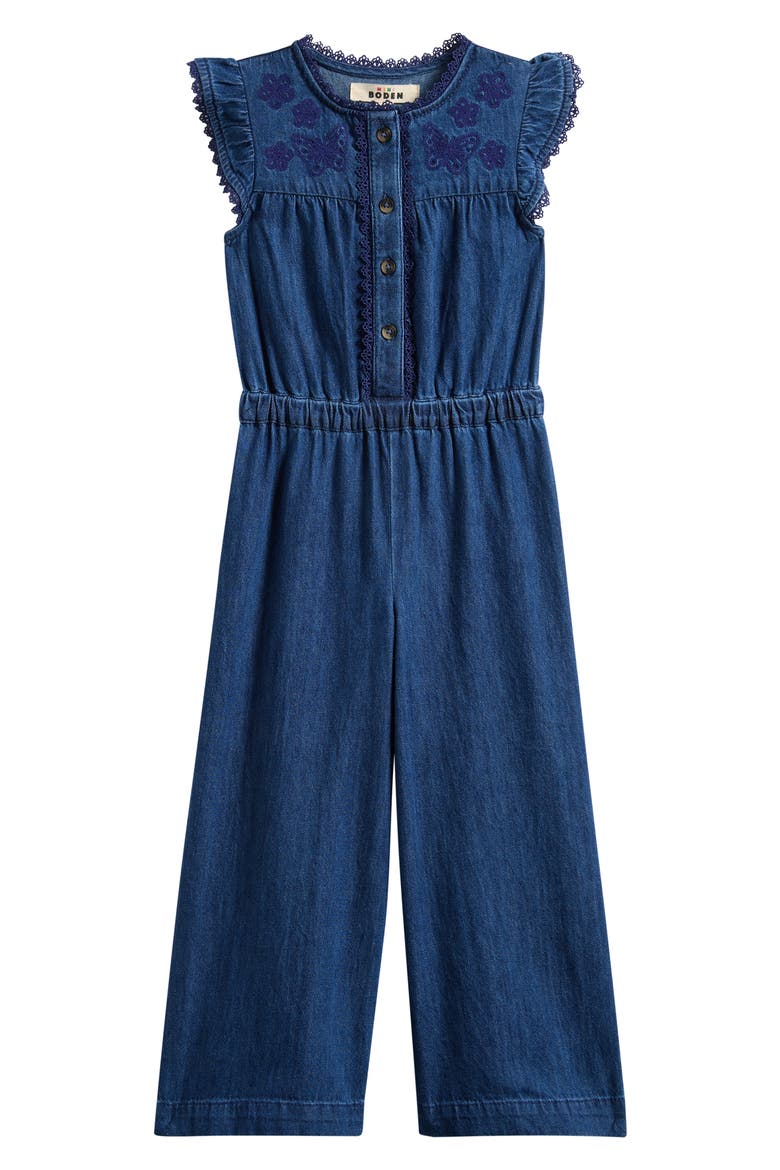 Kids' Embroidered Detail Denim Jumpsuit, Main, color, MID VINTAGE