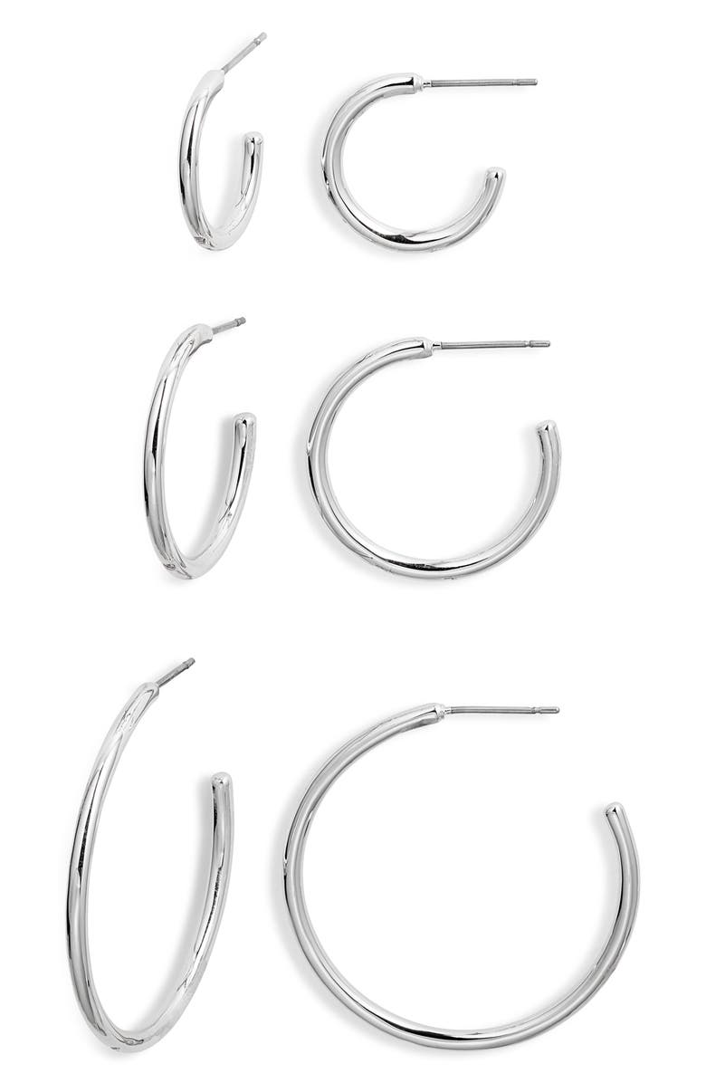 Nordstrom Demi Fine Set of 3 Skinny Hoop Earrings, Main, color, Sterling Silver Plated