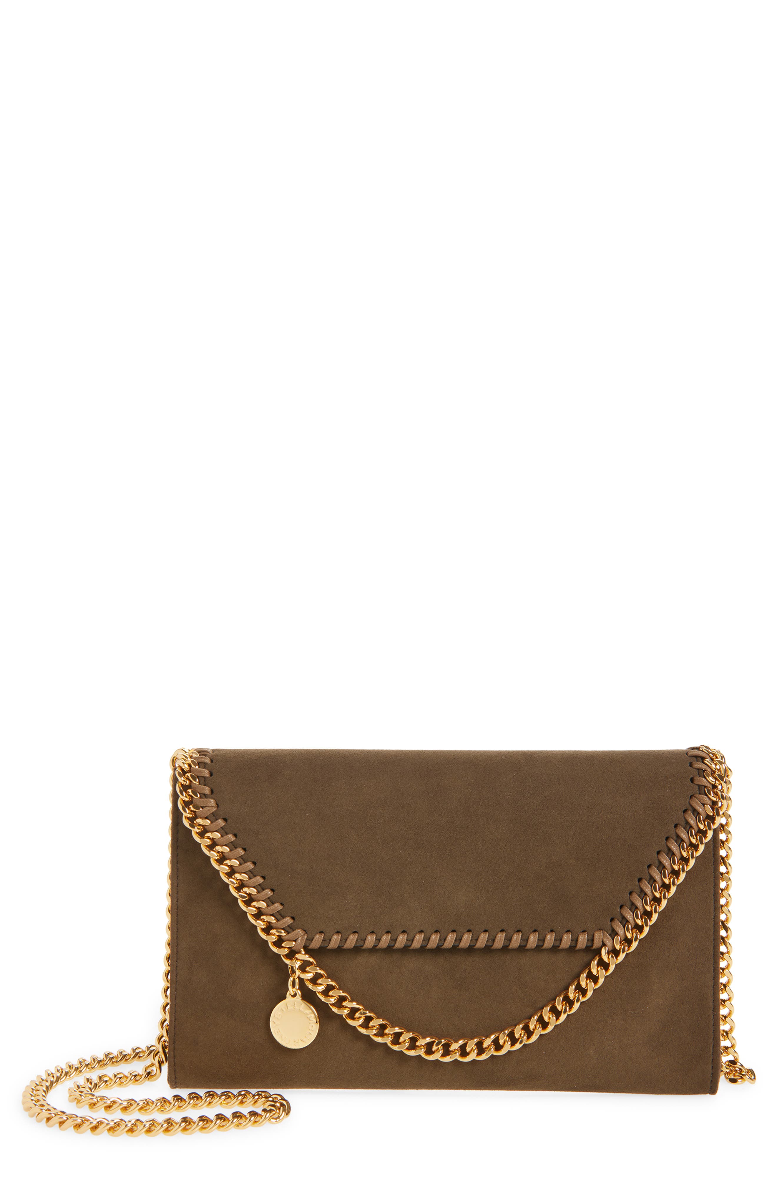 Falabella Faux Suede Wallet on a Chain, Main, color, MOKA