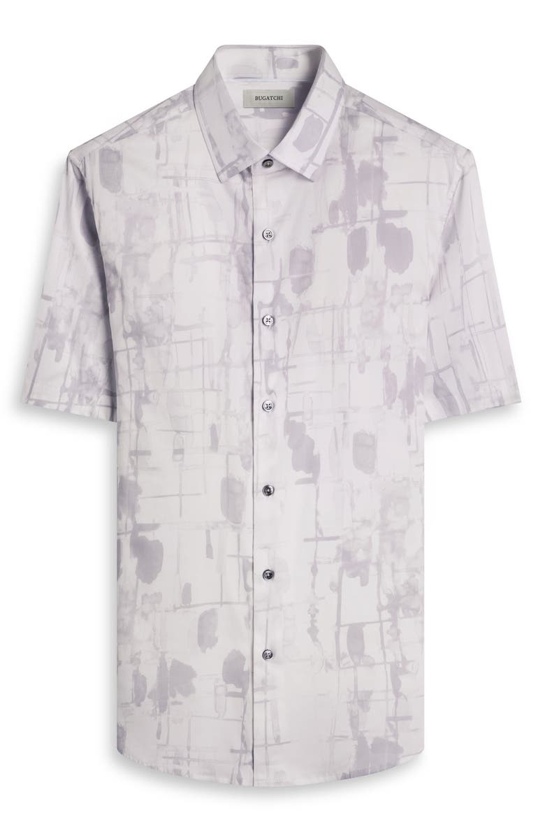 Bugatchi Orson Shaped Fit Short Sleeve Stretch Cotton Button-Up Shirt, Alternate, color, Platinum