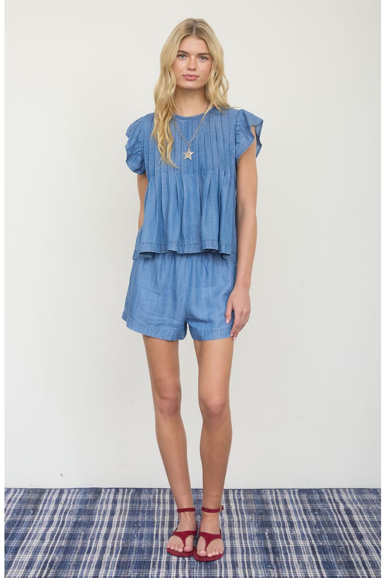 Ruffle Cap Sleeve Chambray Babydoll Top, Alternate, color, DENIM