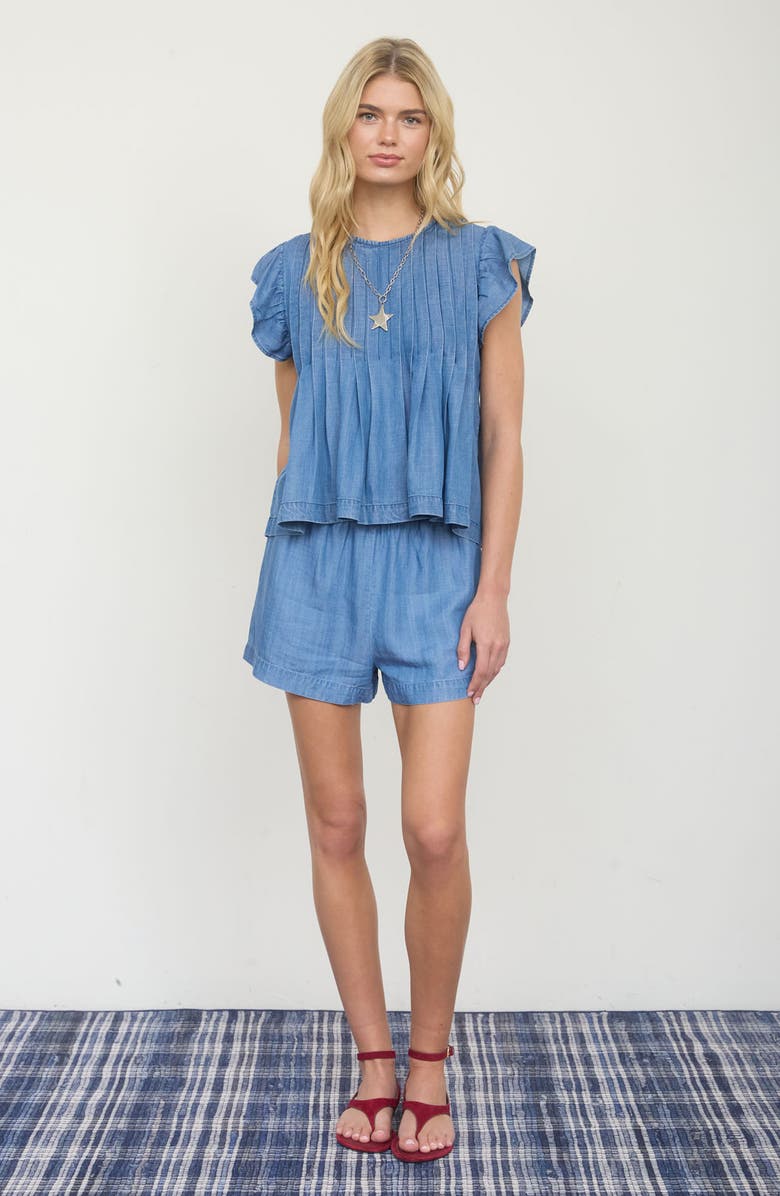 Blu Pepper Ruffle Cap Sleeve Chambray Babydoll Top, Alternate, color,