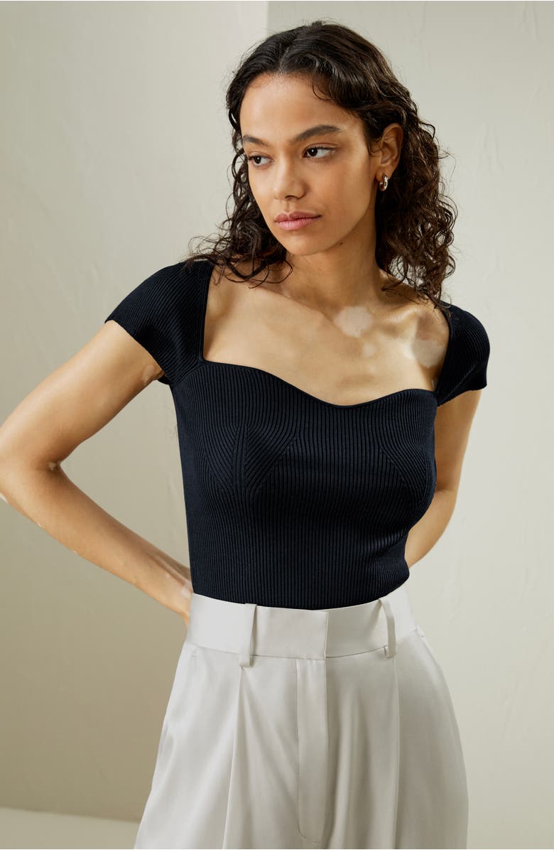 Lilysilk Women's Sweetheart Neck Ribbed Silk Knit Top, Alternate, color, Navy Blue