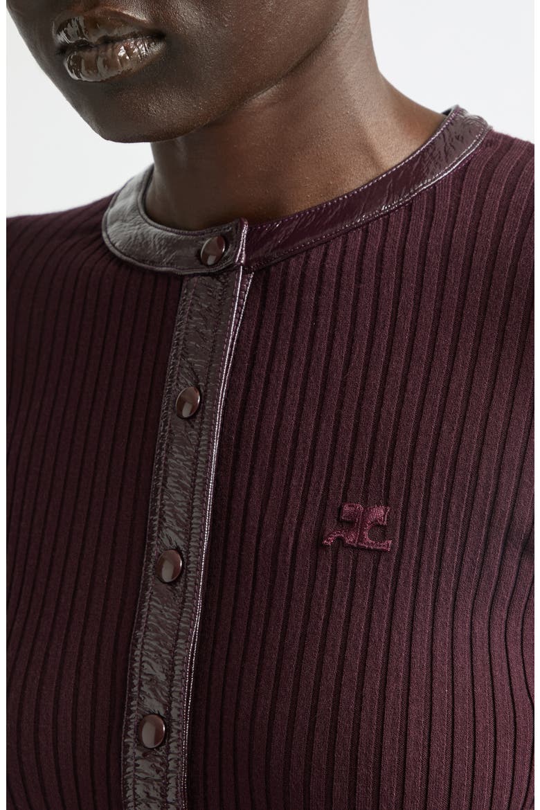 Vinyl Trim Ribbed Cardigan, Alternate, color, BURGUNDY