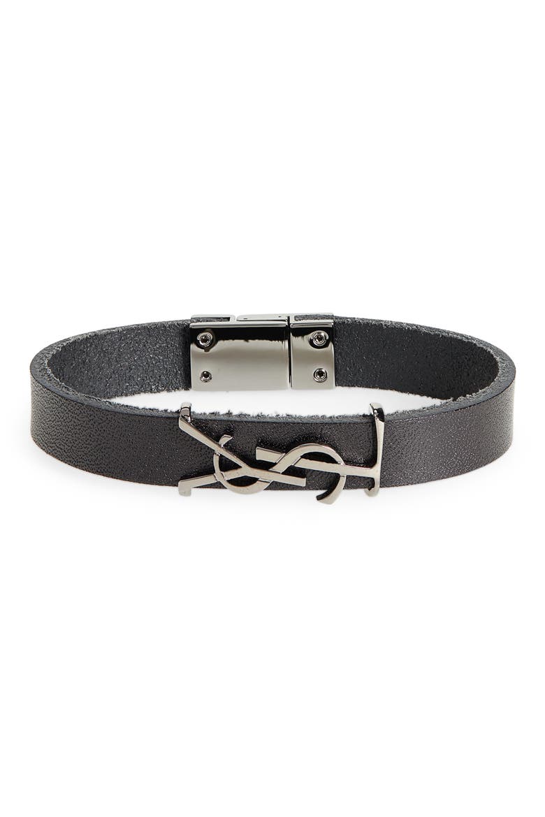 Men's Logo Insignia Leather Bracelet, Main, color, BLACK