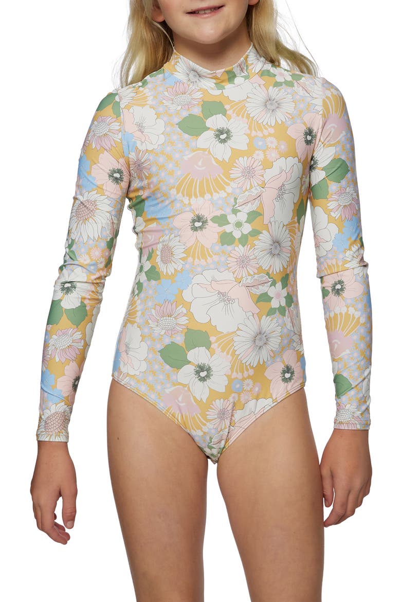 Kids' Twiggy Long Sleeve One-Piece Rashguard Swimsuit, Main, color, MIMOSA