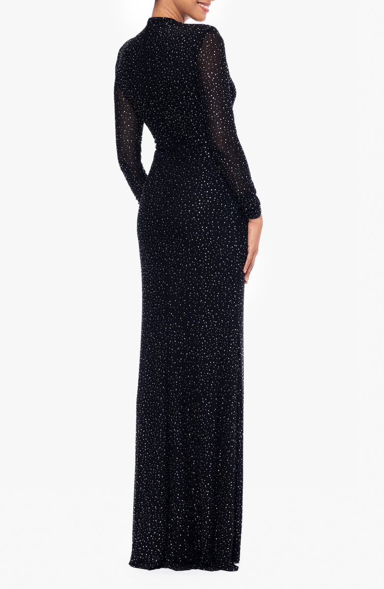 Betsy & Adam Rhinestone Long Sleeve Stretch Gown, Alternate, color, Black/Silver