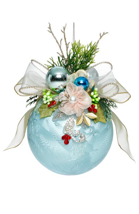 Floral Jeweled Ball Ornament, Frosted, Light Blue