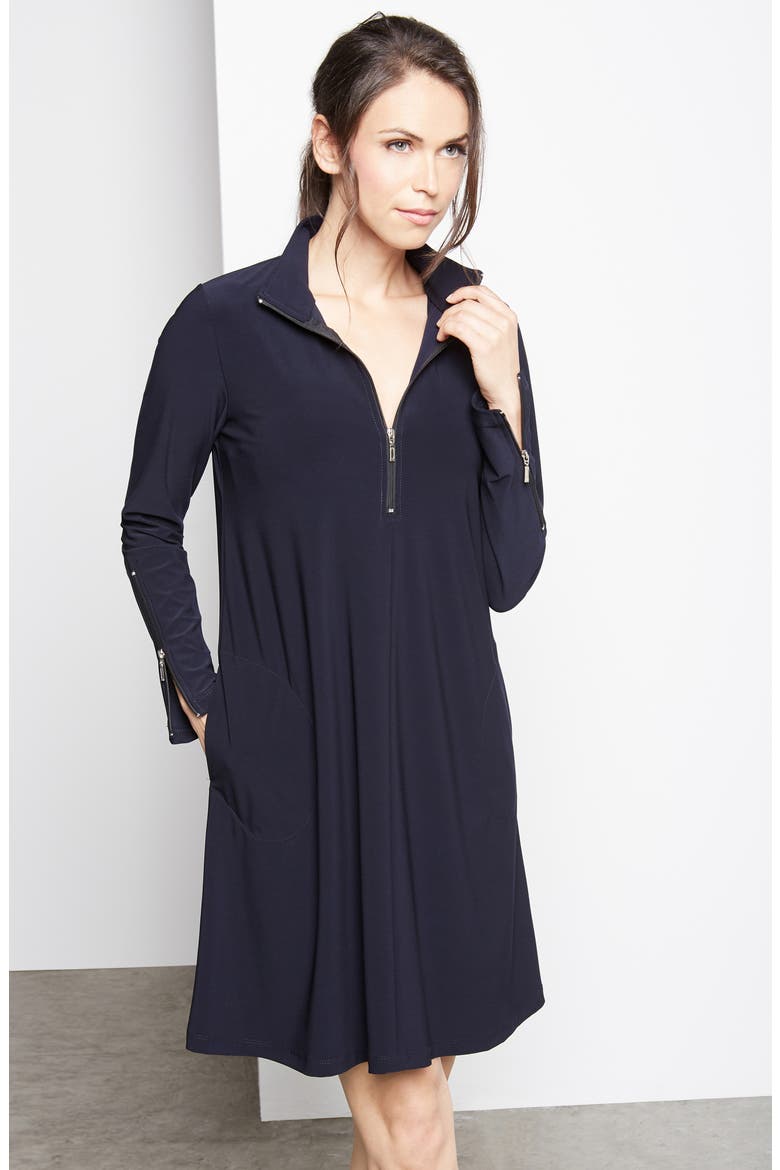 Quarter Zip A-Line Travel Jersey Dress, Alternate, color, NAVY