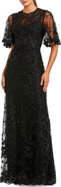 Mac Duggal Petite Flutter Sleeve Floral Embroidered Net Gown