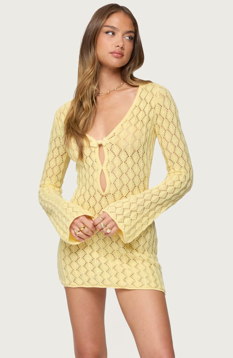 EDIKTED Brie Open Stitch Long Sleeve Mini Sweater Dress, Alternate, color, Yellow