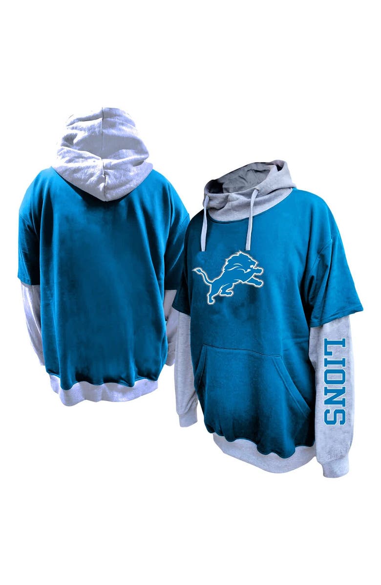 FANATICS Men's Fanatics Blue/Heather Gray Detroit Lions Big & Tall Twofer Pullover Hoodie, Main, color, 