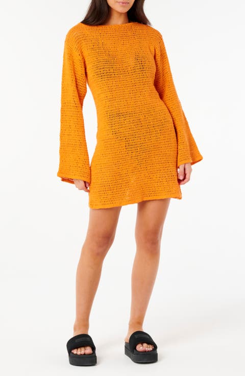 Neon Isles Long Sleeve Crochet Cover-Up Dress
