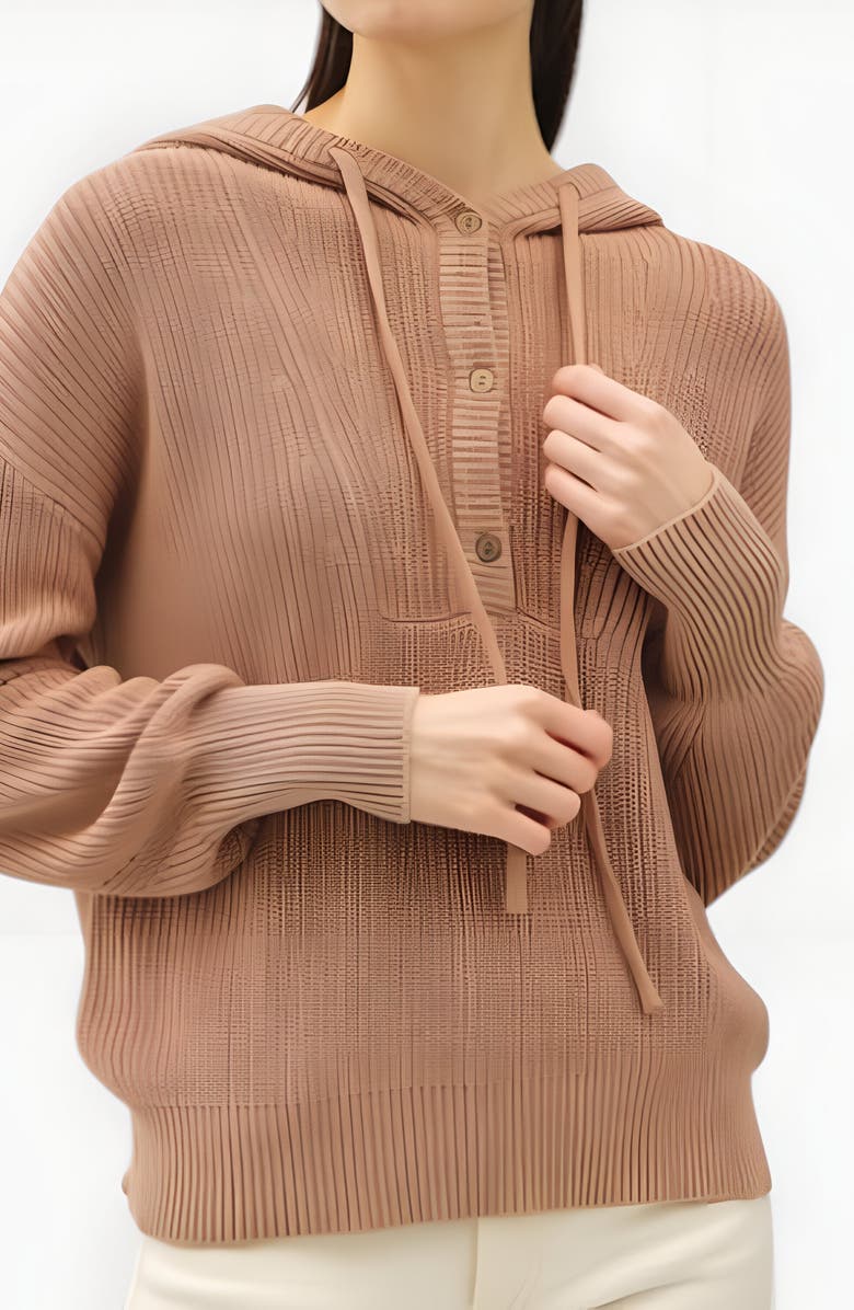 Modenaire Knit Button Front Hoodie with Ribbed Hem and Drop Shoulders, Alternate, color, Light Beige