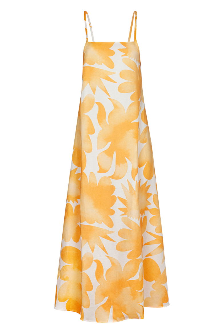Aleah Lightweight Printed Tie-Strap Midi Dress, Main, color, Facula Saffron