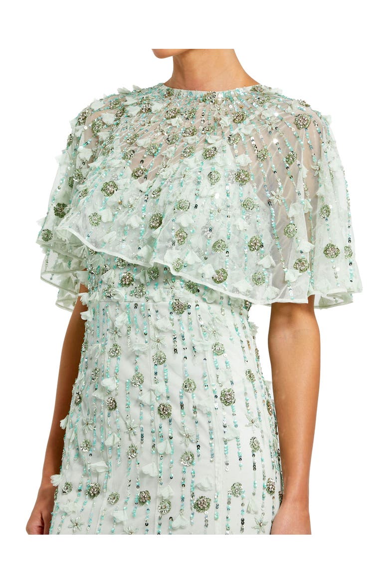 Women's Embellished Illusion Cape Sleeve Trumpet Gown, Alternate, color, Sage