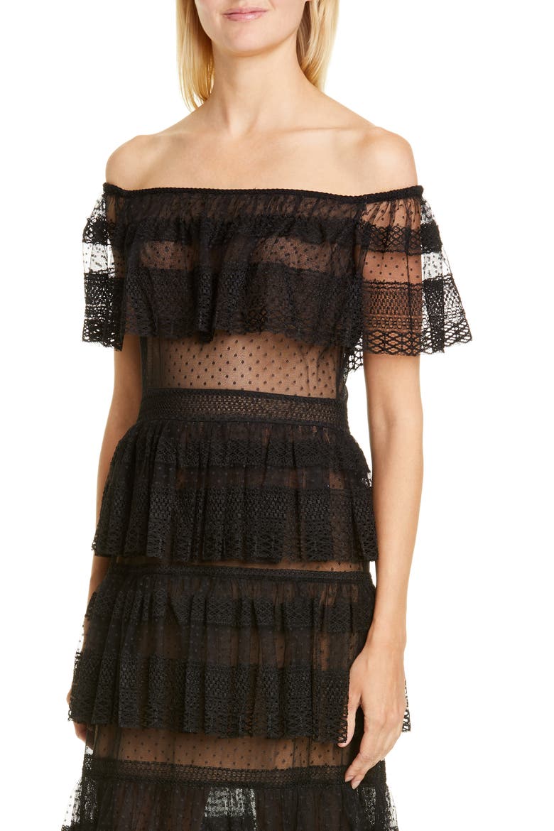 Off the Shoulder Tiered Gown, Alternate, color, BLACK