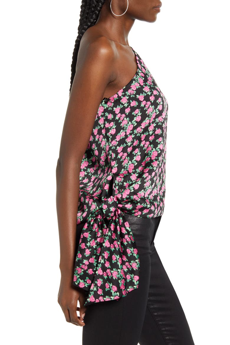 Wren Rose Print One-Shoulder Satin Blouse, Alternate, color, BLACK MINI ROSES