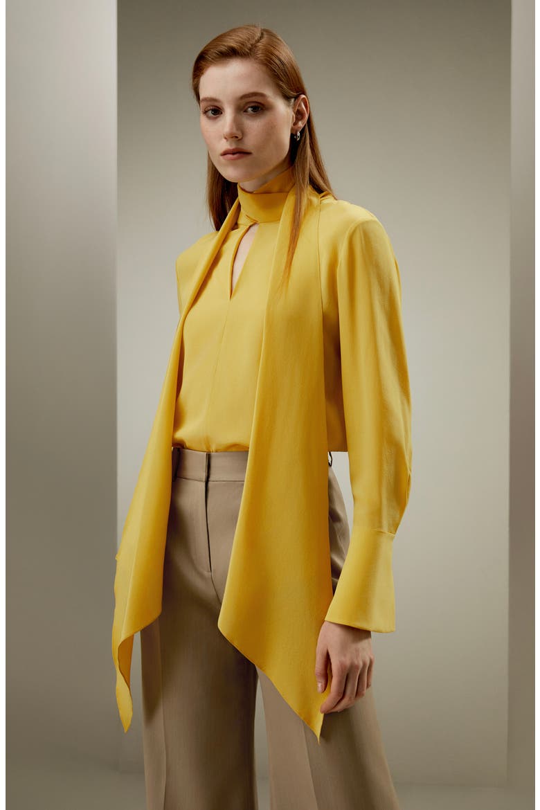 Flowing Draped Tie-Neck Silk Blouse, Alternate, color, Ginger