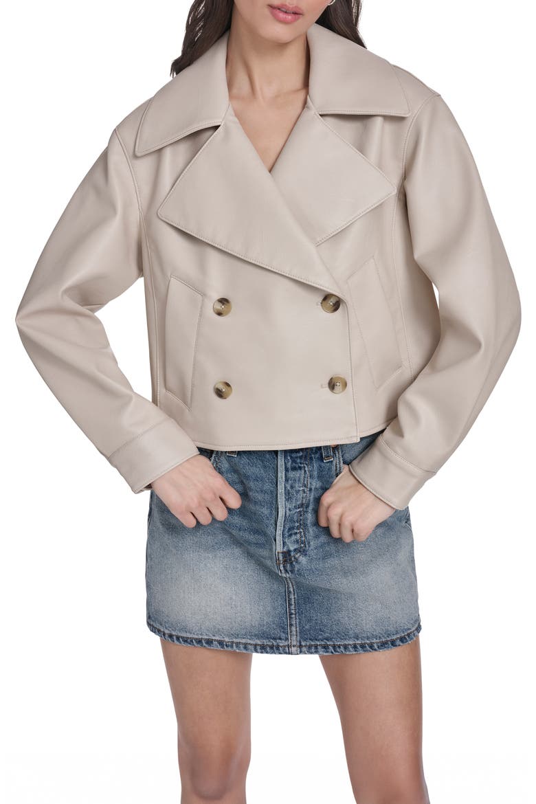 Double Breasted Faux Leather Crop Trench Coat, Main, color, CHATEAU GREY