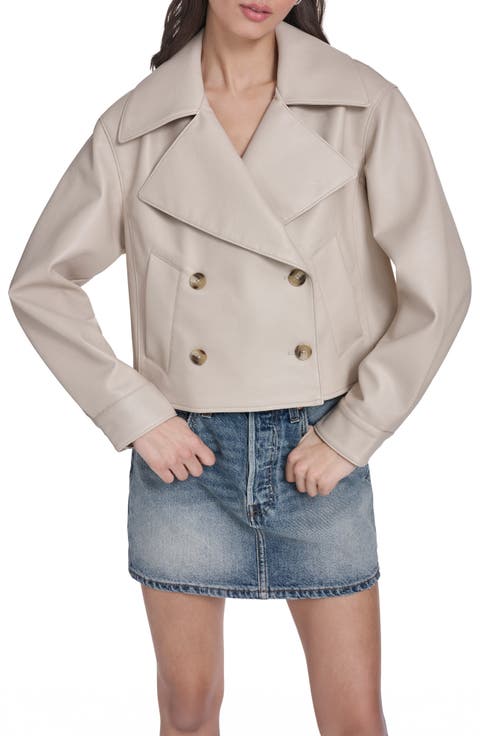 Double Breasted Faux Leather Crop Trench Coat