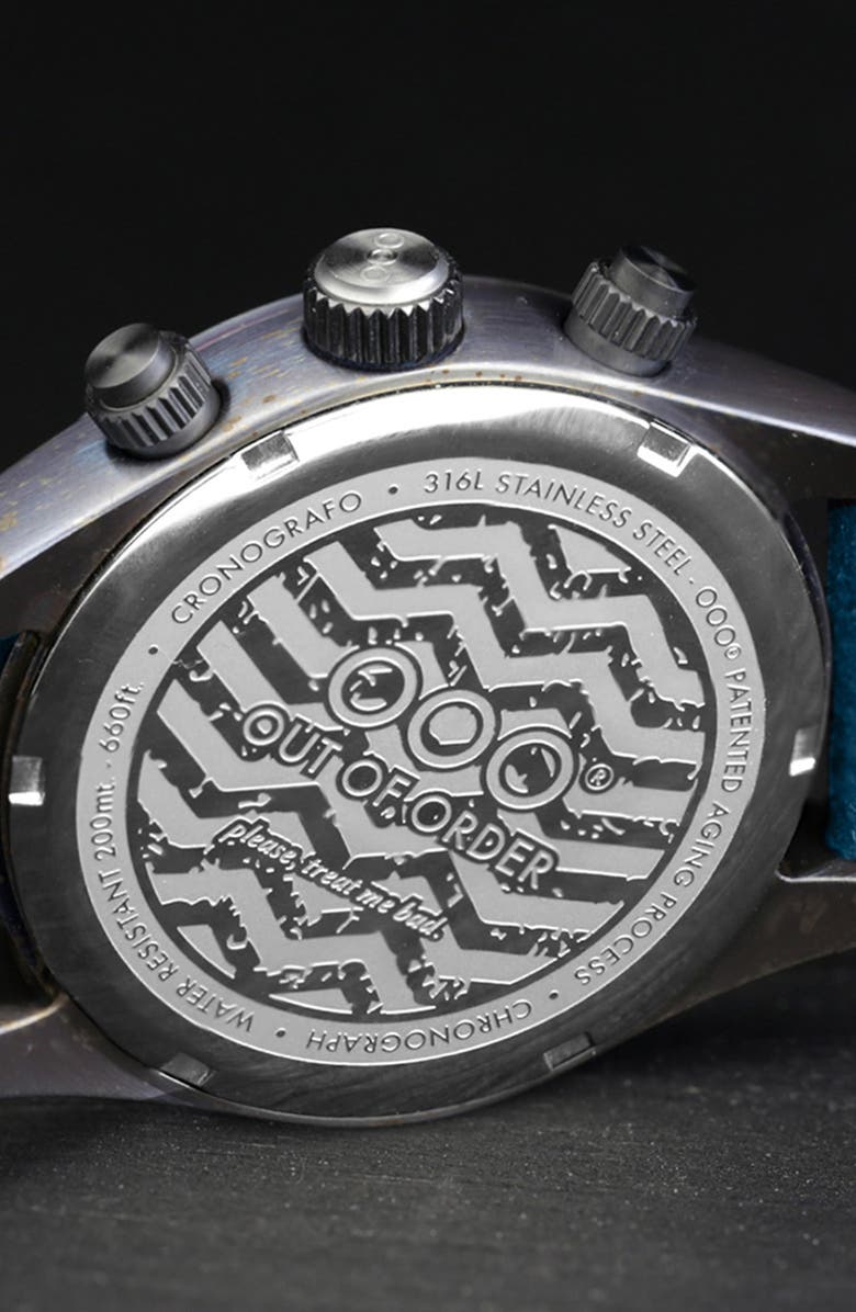 OUT OF ORDER Sporty Cronografo Chronograph Leather Band Watch, 40mm, Alternate, color, Light Blue