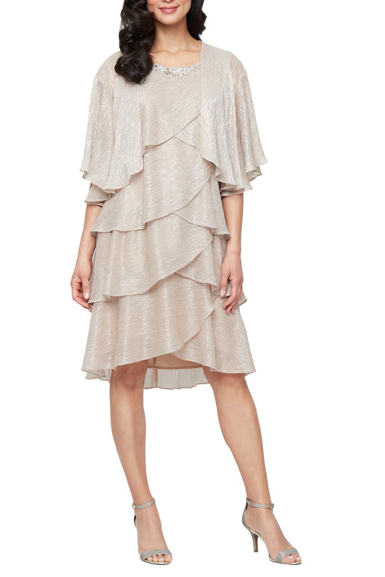 Metallic Tiered Sleeveless Dress with Jacket, Main, color, GOLD