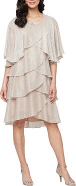 SL FASHIONS Metallic Tiered Sleeveless Dress with Jacket