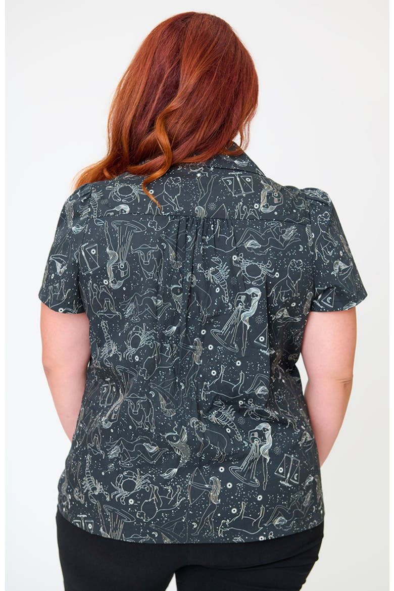 Plus Size 1940s Notched Collar Blouse, Alternate, color, Black w/ Astrology Print