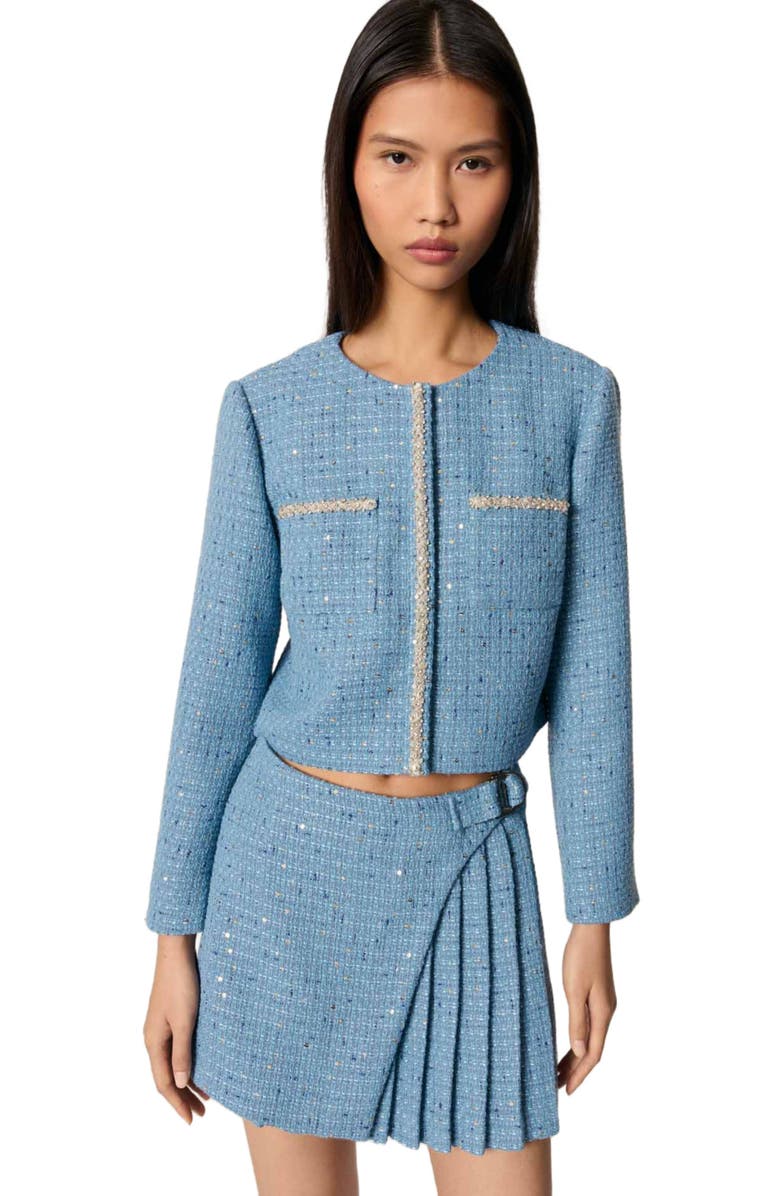 maje Short sequin tweed jacket, Alternate, color, Blue