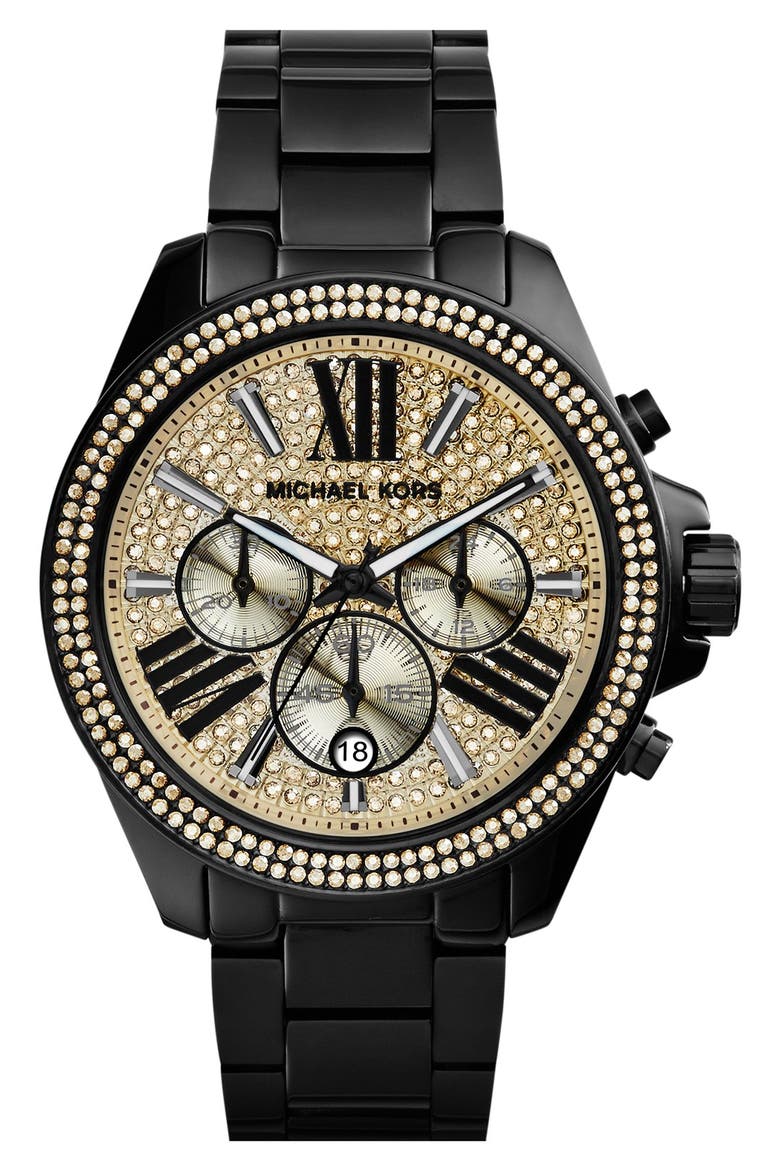 Michael Kors 'Wren' Pavé Dial Chronograph Bracelet Watch, 42mm, Main, color, BLACK/ GOLD