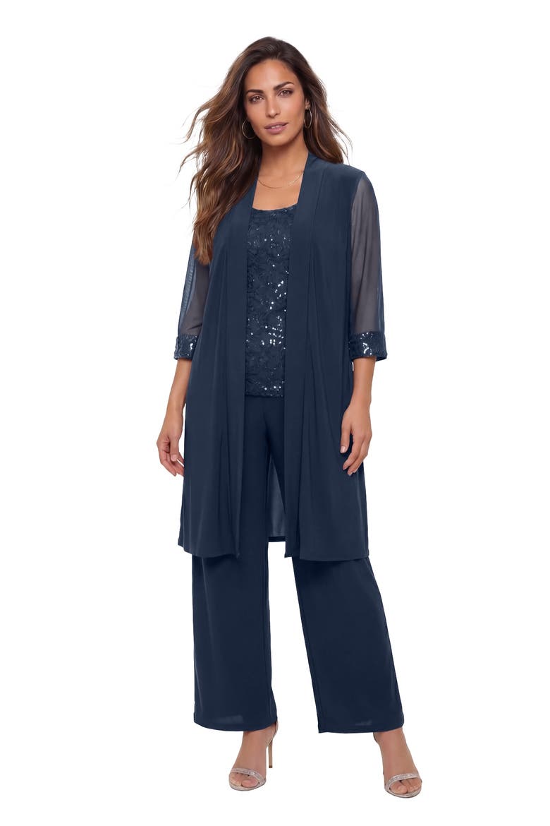 Plus Size 3 Piece Knit Embellished Pant Set, Main, color, NAVY