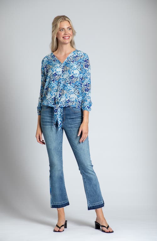 Apny Print V-neck Tie Front Chiffon Top In Blue Multi