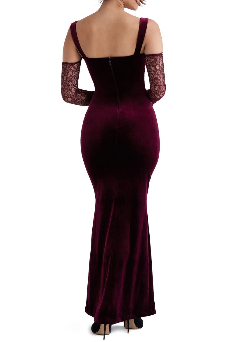Cold Shoulder Long Sleeve Velvet & Lace Gown, Alternate, color, BROWN CHERRY