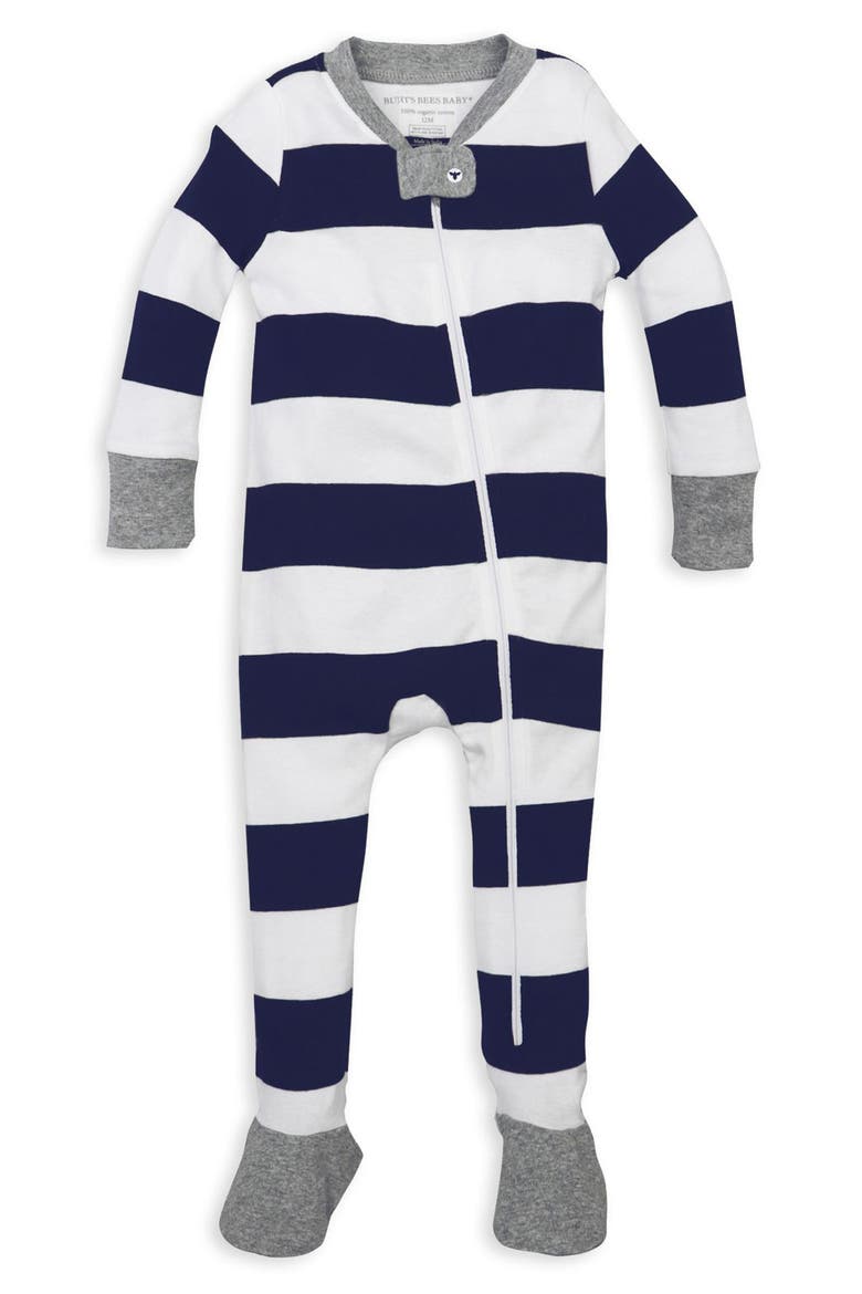 Burt's Bees Rugby Stripe Fitted One-Piece Pajamas, Main, color, MIDNIGHT