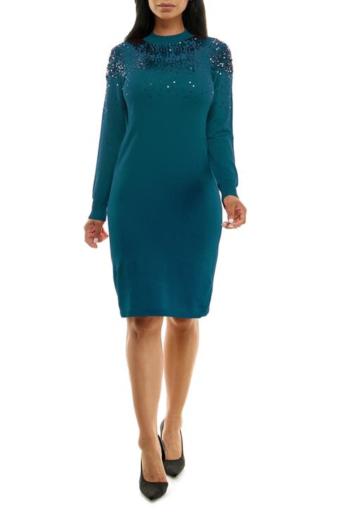 Sequin Embellished Long Sleeve Sweater Dress