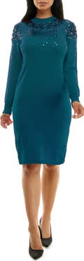 Nina Leonard Sequin Embellished Long Sleeve Sweater Dress